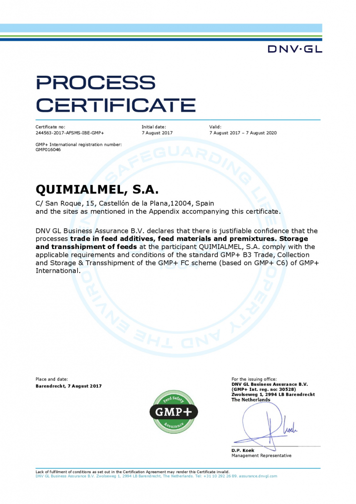 Certificado GMP+ Materias Primas para Feed